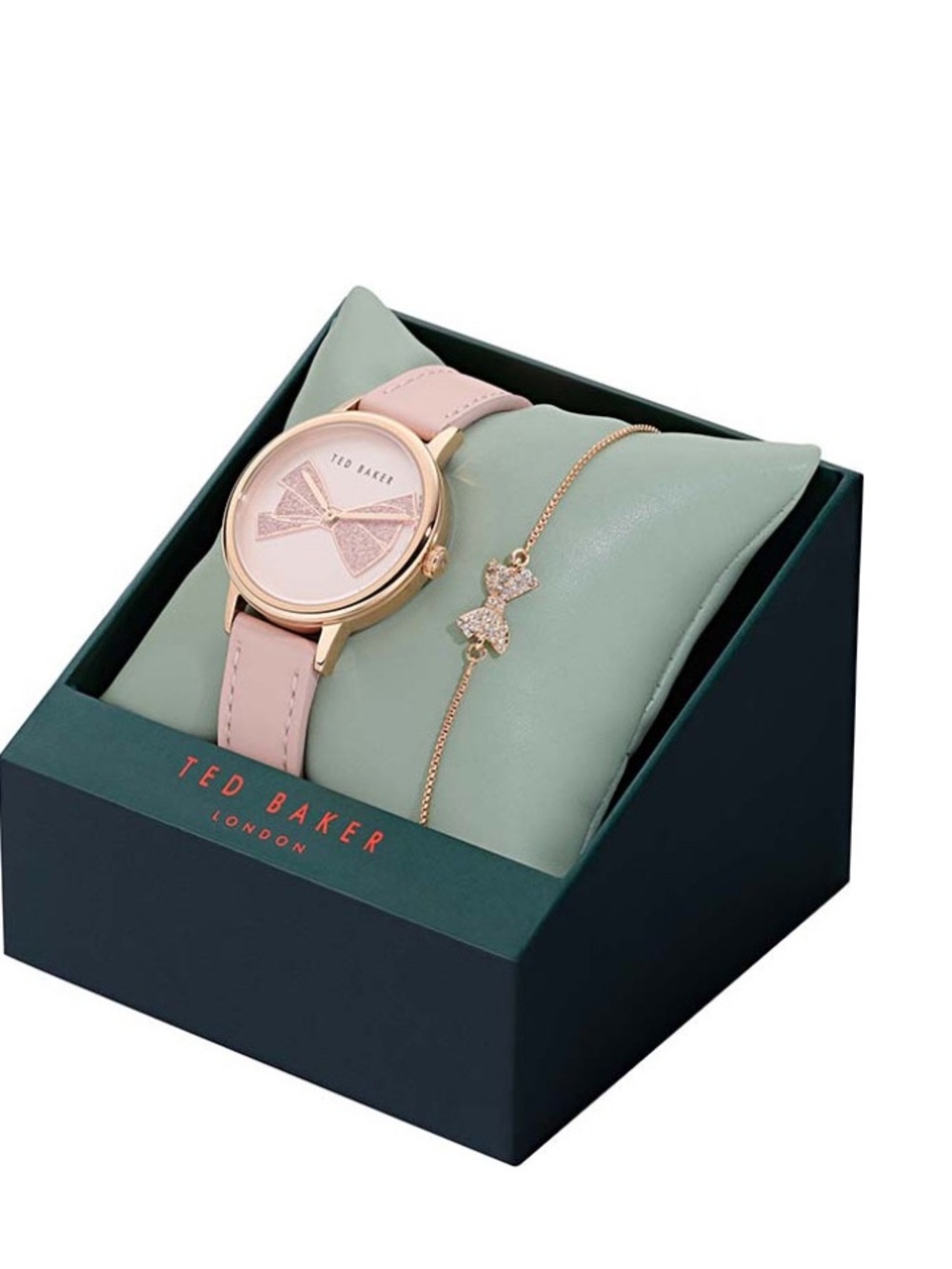Ted Baker Pink Leather Strap Watch with Rose Gold Bow Bracelet - Picture 1 of 6